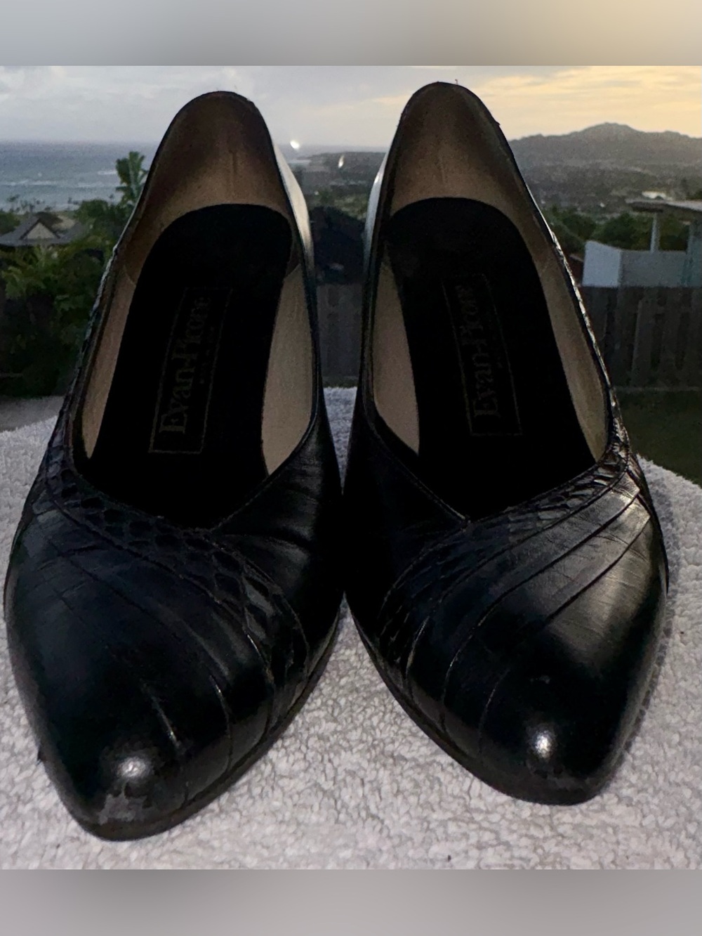 Vintage Evan Picone Black Pointed-Toe Leather Pumps, size 8.5. Preowned